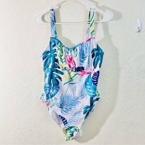 NWT Aimage Women Floral One Piece Swimsuit Large Blue/White Summer Beach Vacay
